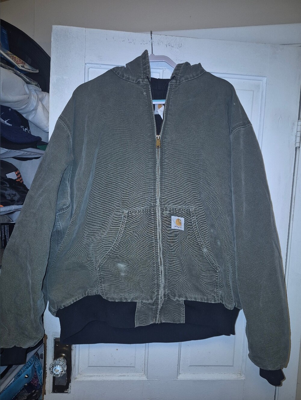 Vintage 90s J130 Carhartt Hooded Distressed Jacket in Faded Olive
